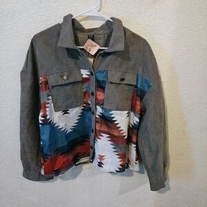 Women's Corduroy Shirt Jacket with Multicolor Pattern